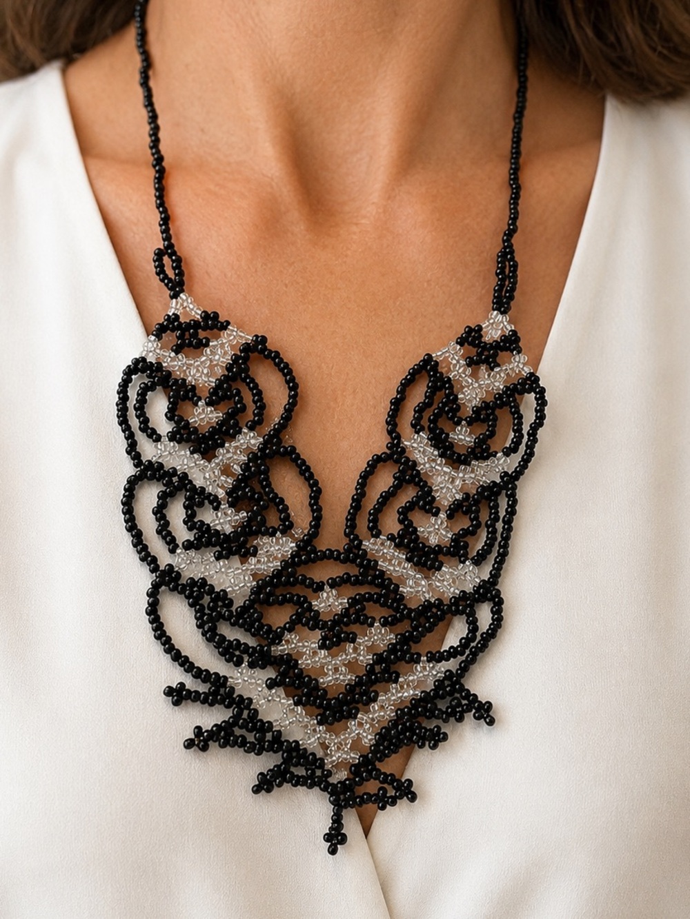 Handcrafted Black and Clear Beaded Statement Necklace - Picture 3 of 7